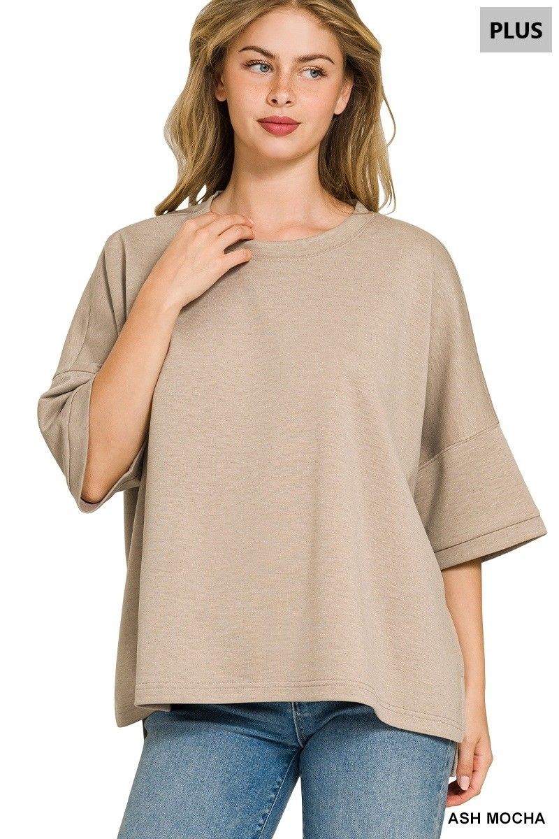 Plus scuba round neck top with side slits