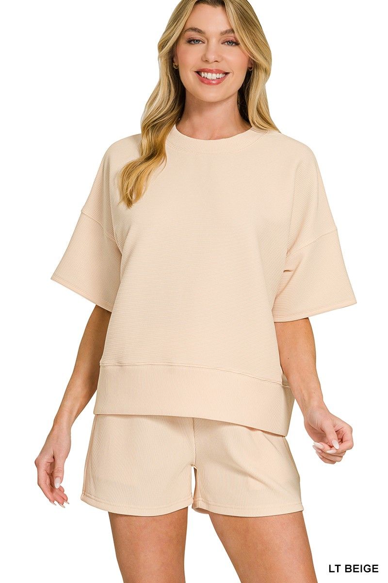 Ribbed round neck waist banded tee &amp; shorts set