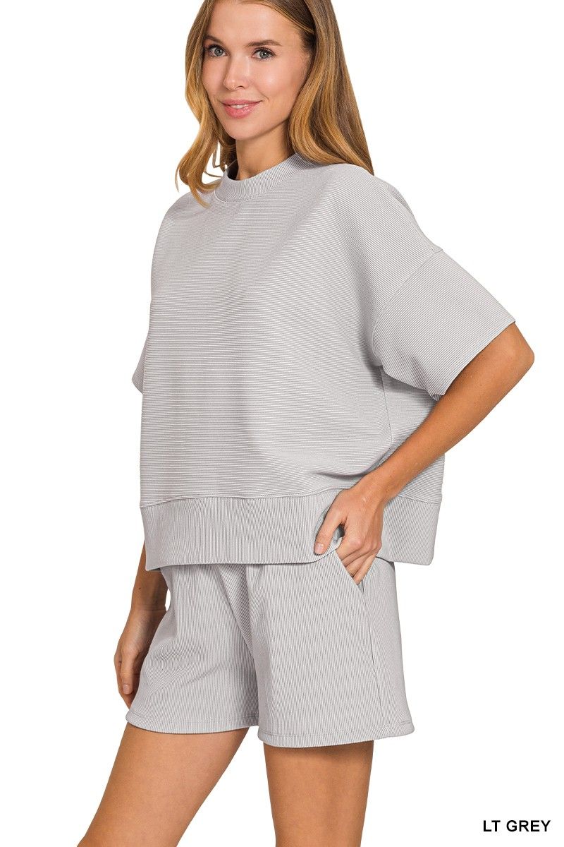 Ribbed round neck waist banded tee &amp; shorts set