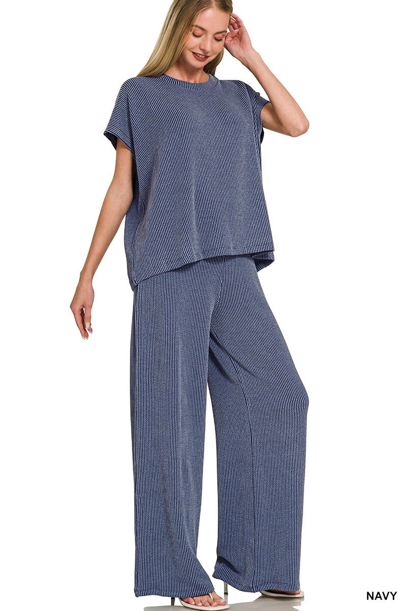 Raised rib relaxed top &amp; pants set