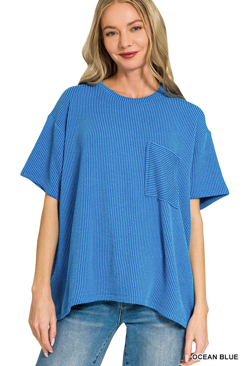 Raised rib short sleeve front pocket top