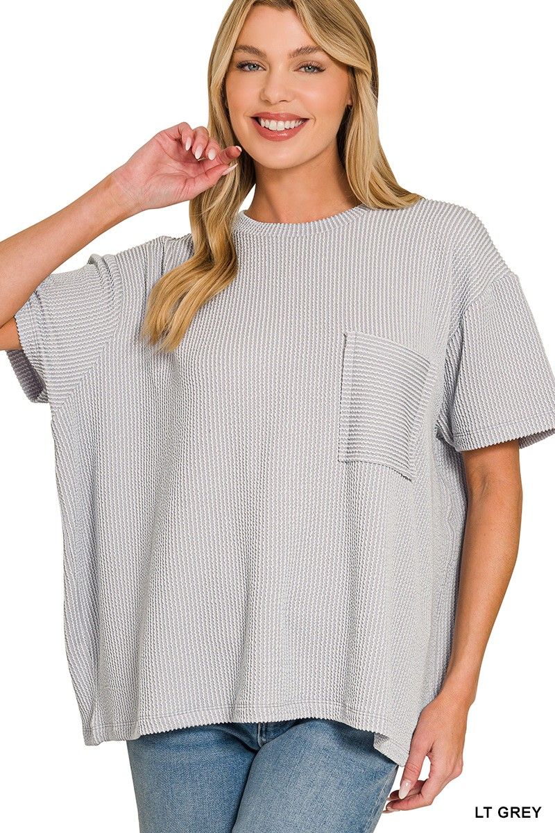 Raised rib short sleeve front pocket top
