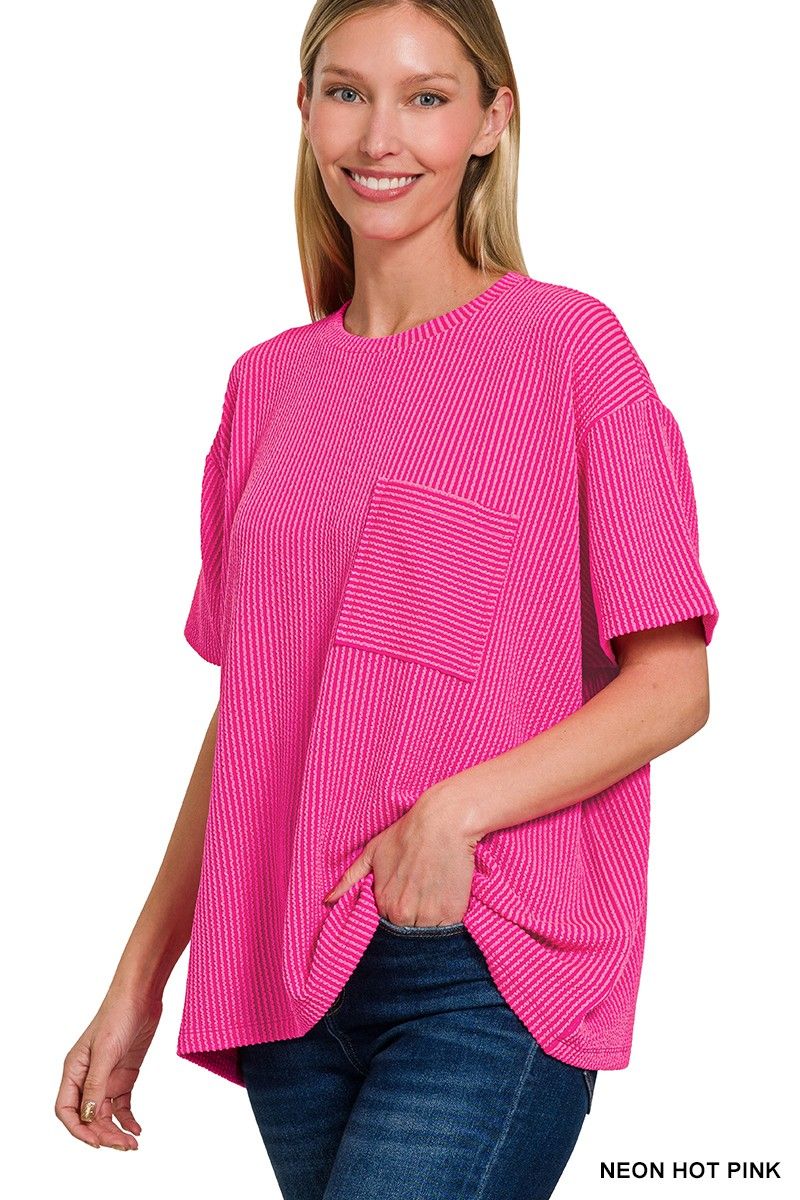 Raised rib short sleeve front pocket top