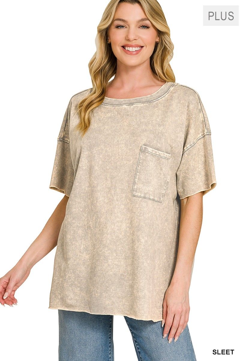 Plus french terry washed drop shoulder raw edge top