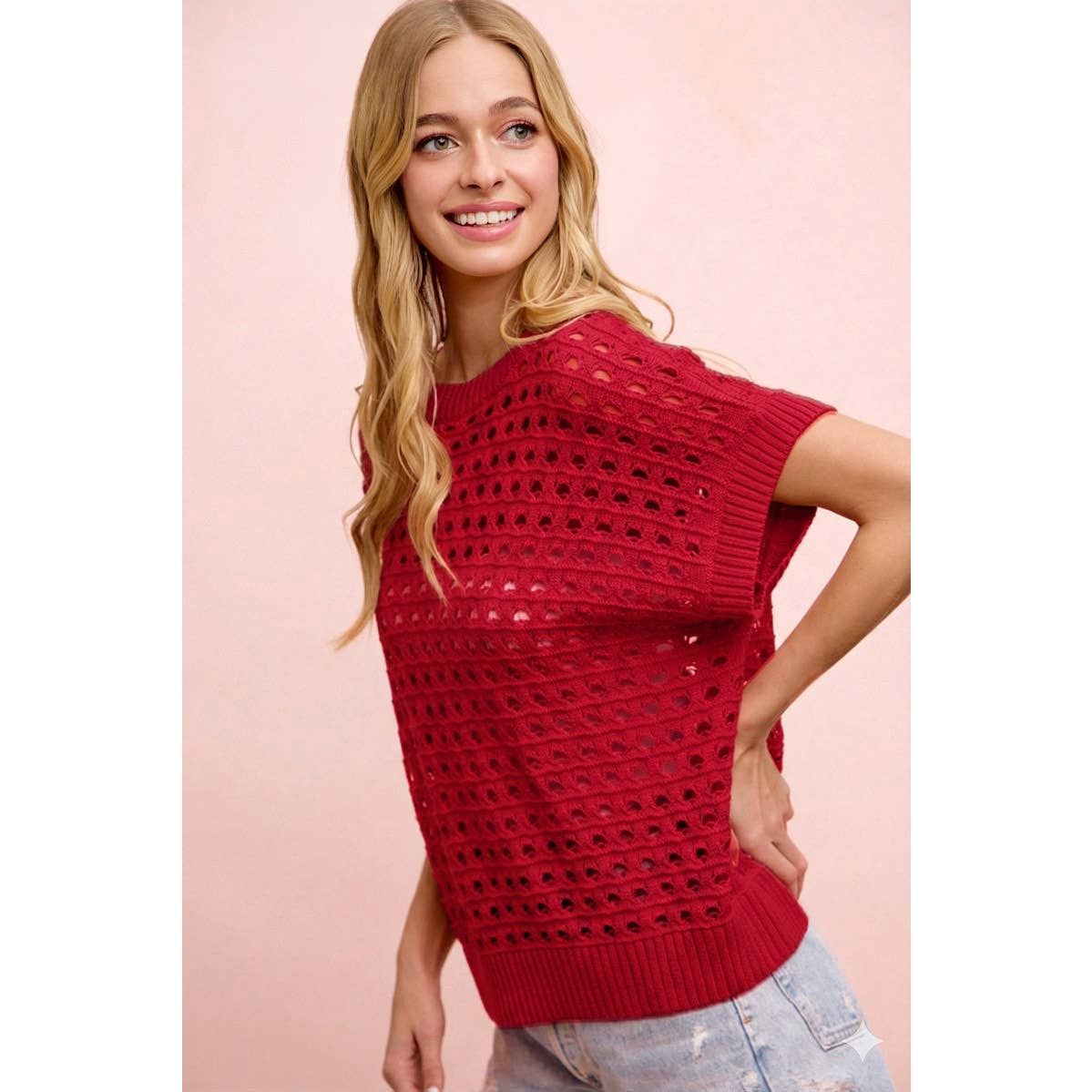 RELAXED FIT SHORT SLEEVE OPEN KNIT TOP