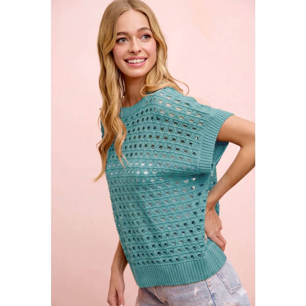 RELAXED FIT SHORT SLEEVE OPEN KNIT TOP