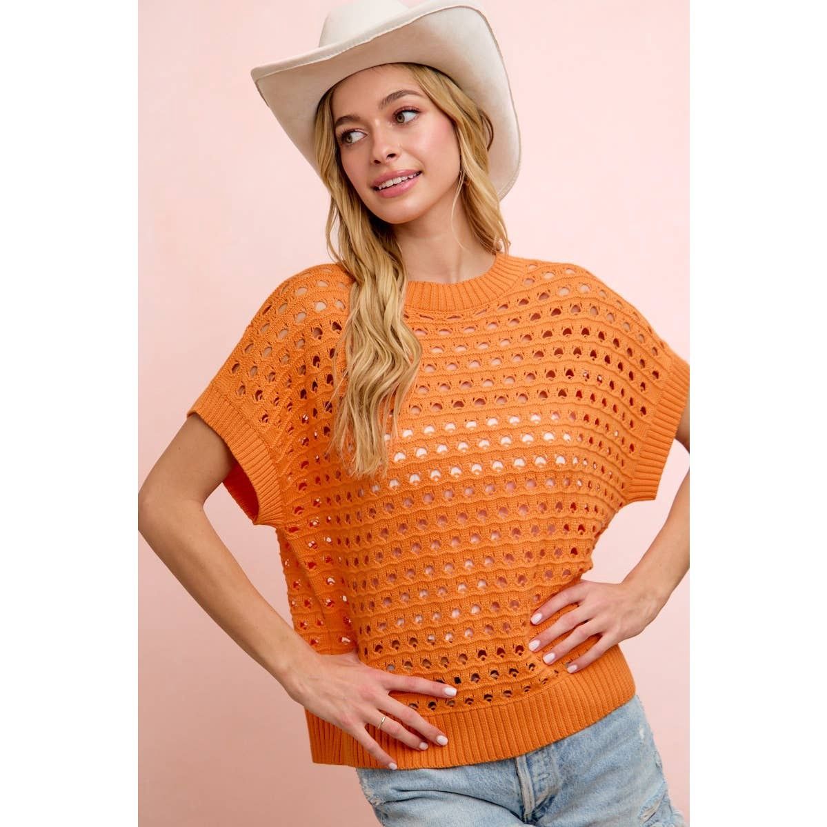 RELAXED FIT SHORT SLEEVE OPEN KNIT TOP