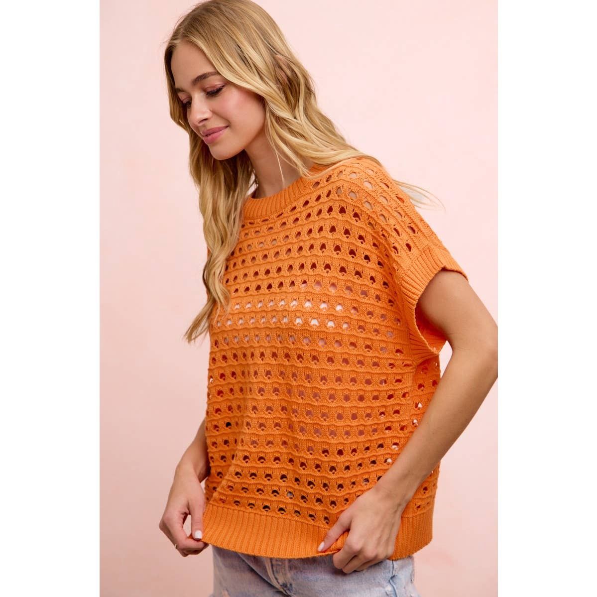 RELAXED FIT SHORT SLEEVE OPEN KNIT TOP