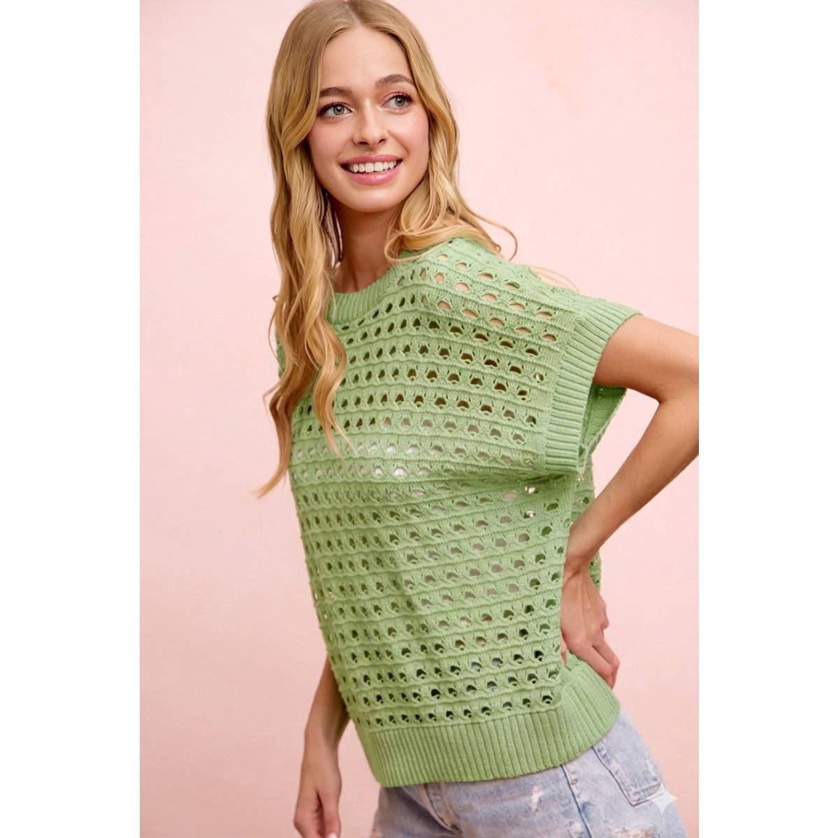 RELAXED FIT SHORT SLEEVE OPEN KNIT TOP