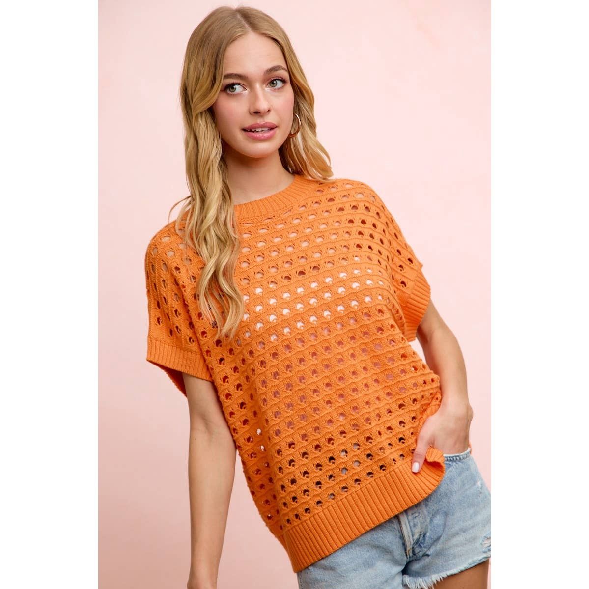 RELAXED FIT SHORT SLEEVE OPEN KNIT TOP