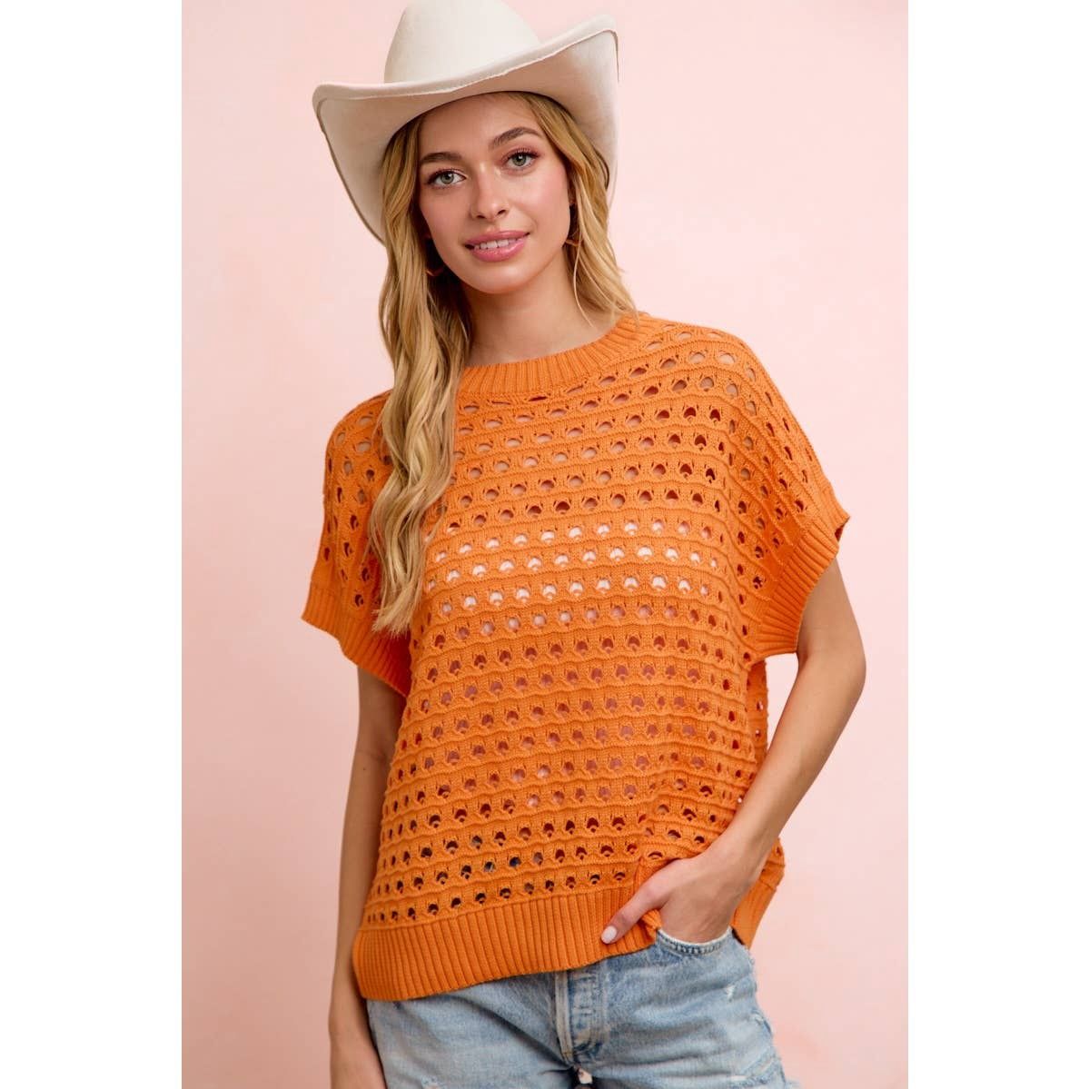RELAXED FIT SHORT SLEEVE OPEN KNIT TOP