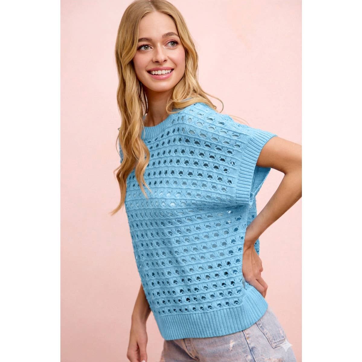 RELAXED FIT SHORT SLEEVE OPEN KNIT TOP