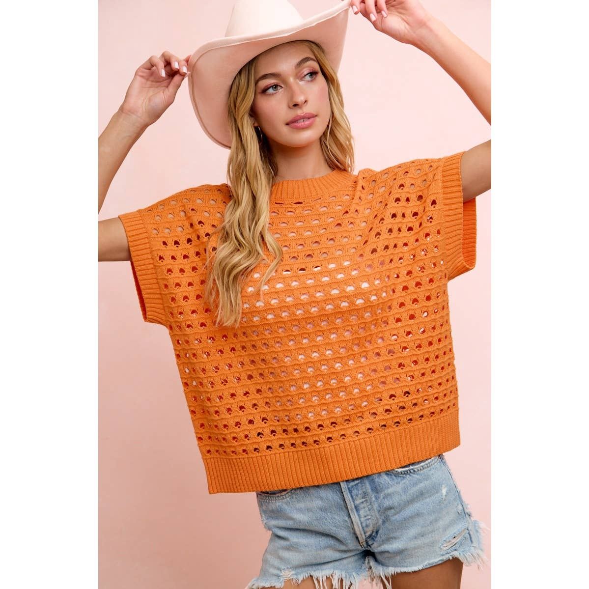 RELAXED FIT SHORT SLEEVE OPEN KNIT TOP