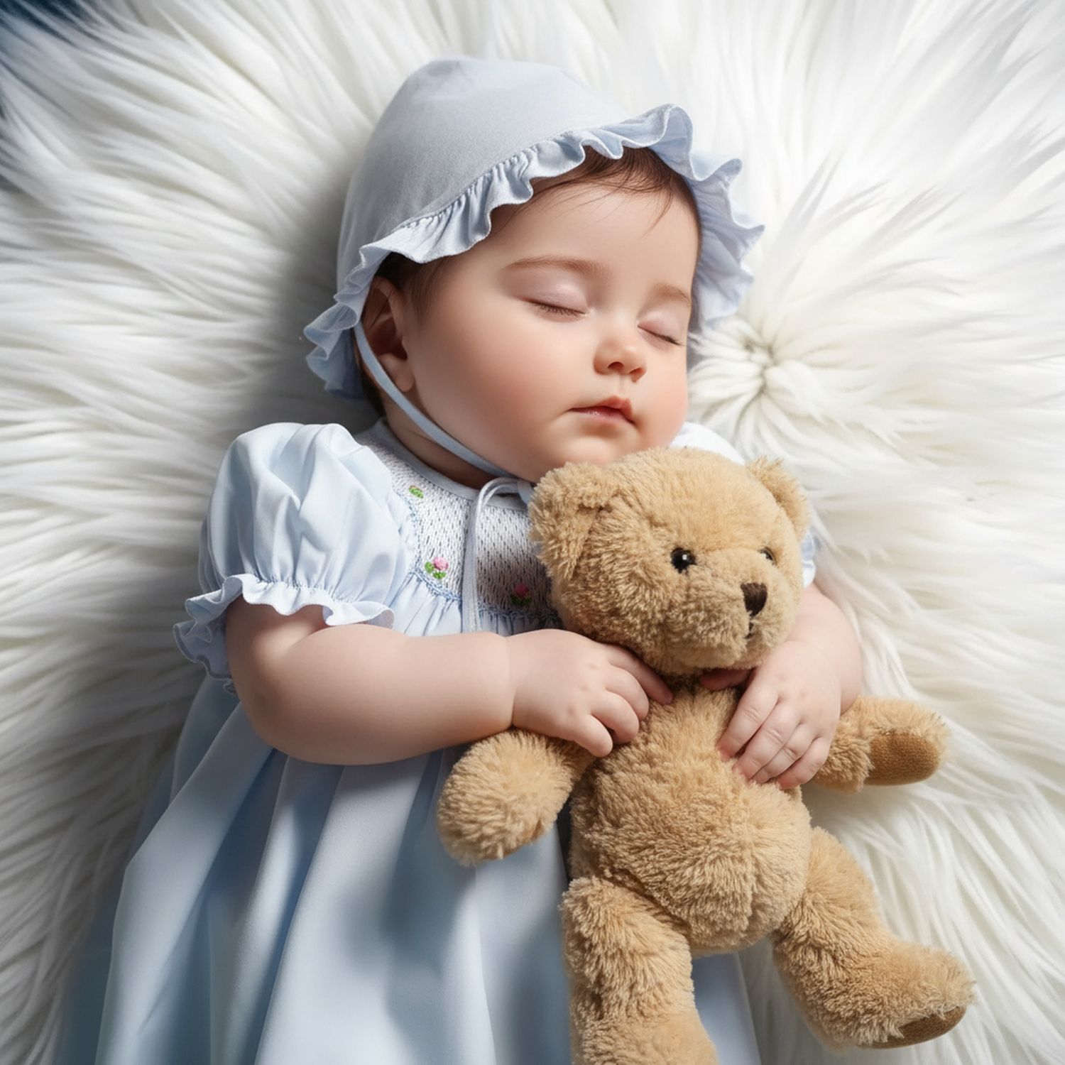 Blue Geometric Smocked With Roses Short Sleeve Dress &amp; Beautiful Bonnet