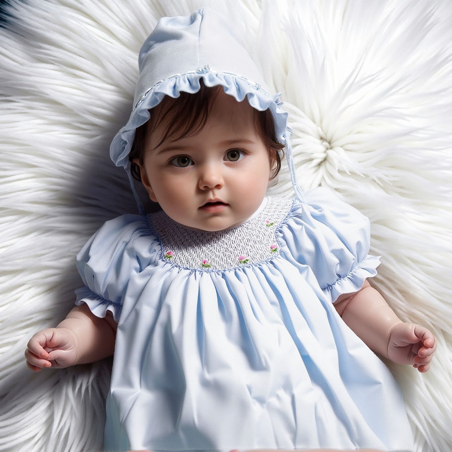 Blue Geometric Smocked With Roses Short Sleeve Dress &amp; Beautiful Bonnet