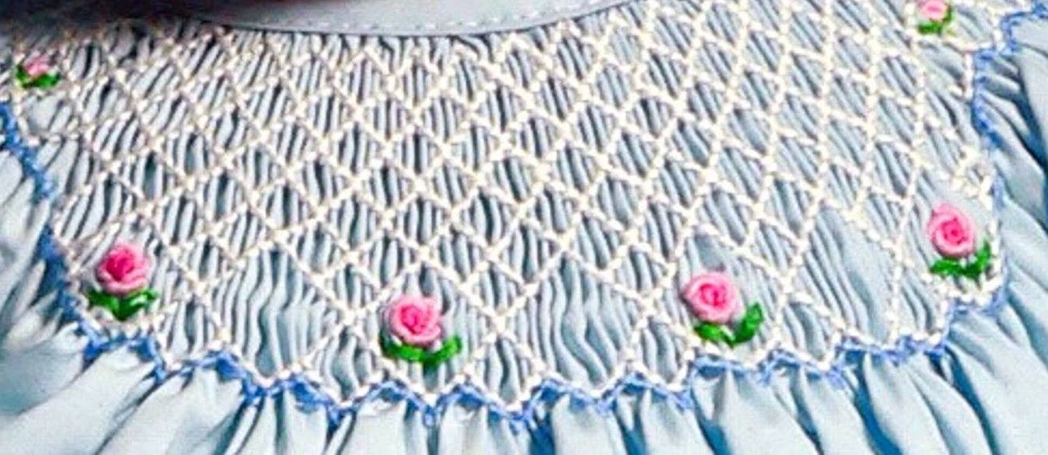 Blue Geometric Smocked With Roses Short Sleeve Dress &amp; Beautiful Bonnet