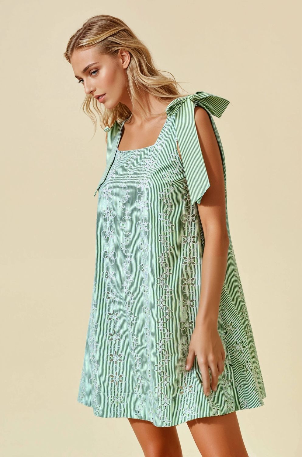 STRIPED EYELET TIE SHOULDER MINI DRESS - 28285D