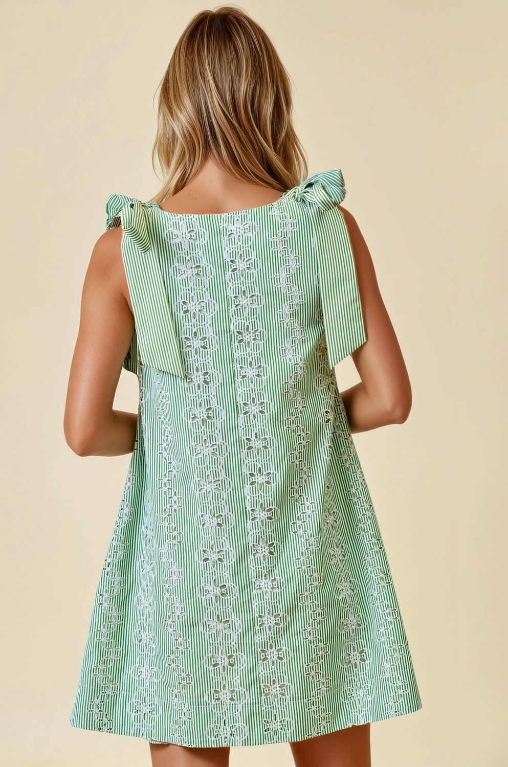 STRIPED EYELET TIE SHOULDER MINI DRESS - 28285D