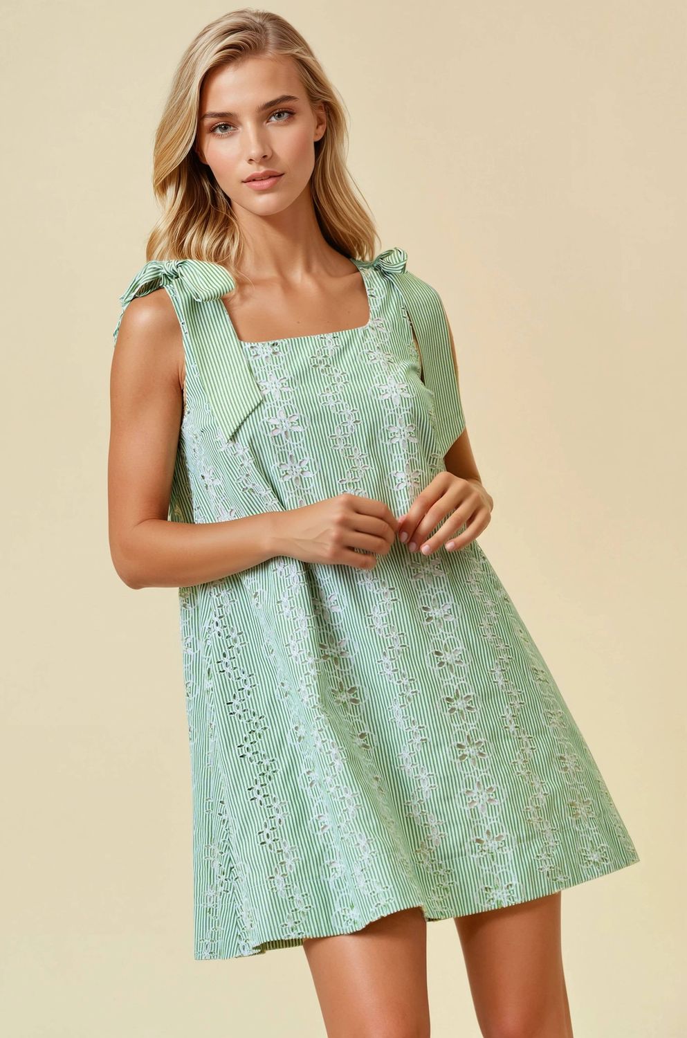 STRIPED EYELET TIE SHOULDER MINI DRESS - 28285D