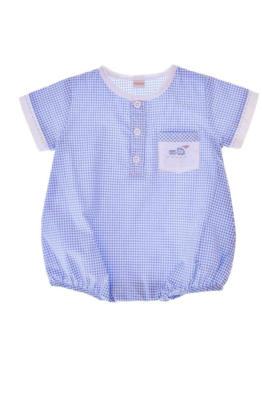 Baby Boy Hand Embroidered Creeper Romper - Blue Train, Size: 9M