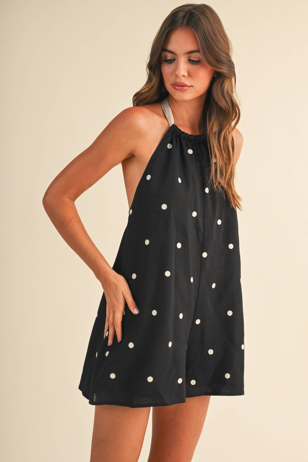 IR2512 POLKADOT CONTRAST TIE BACK HALTER ROMPER