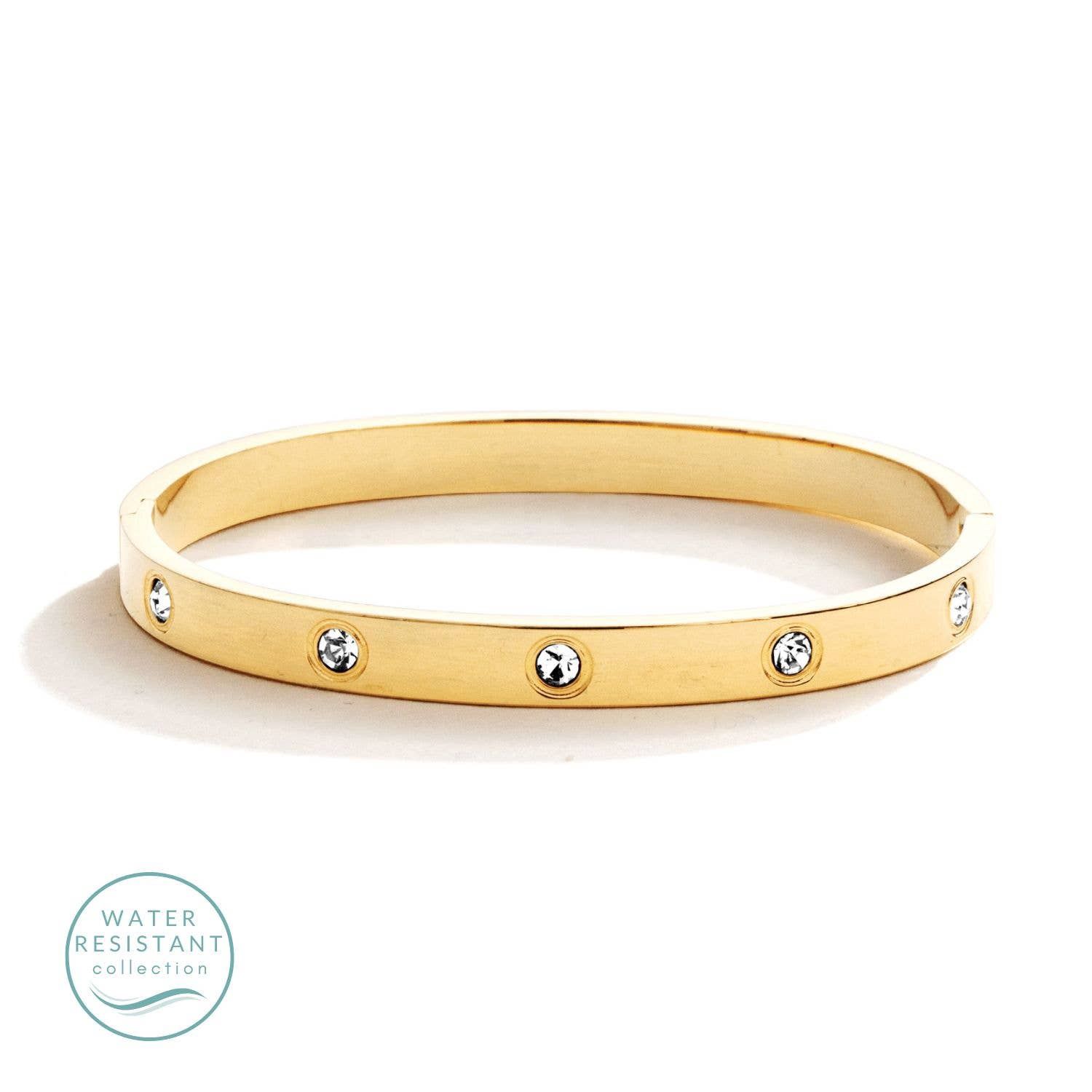 Cubic Zirconia Hinged Bracelet, Water Resistant, Color: Gold