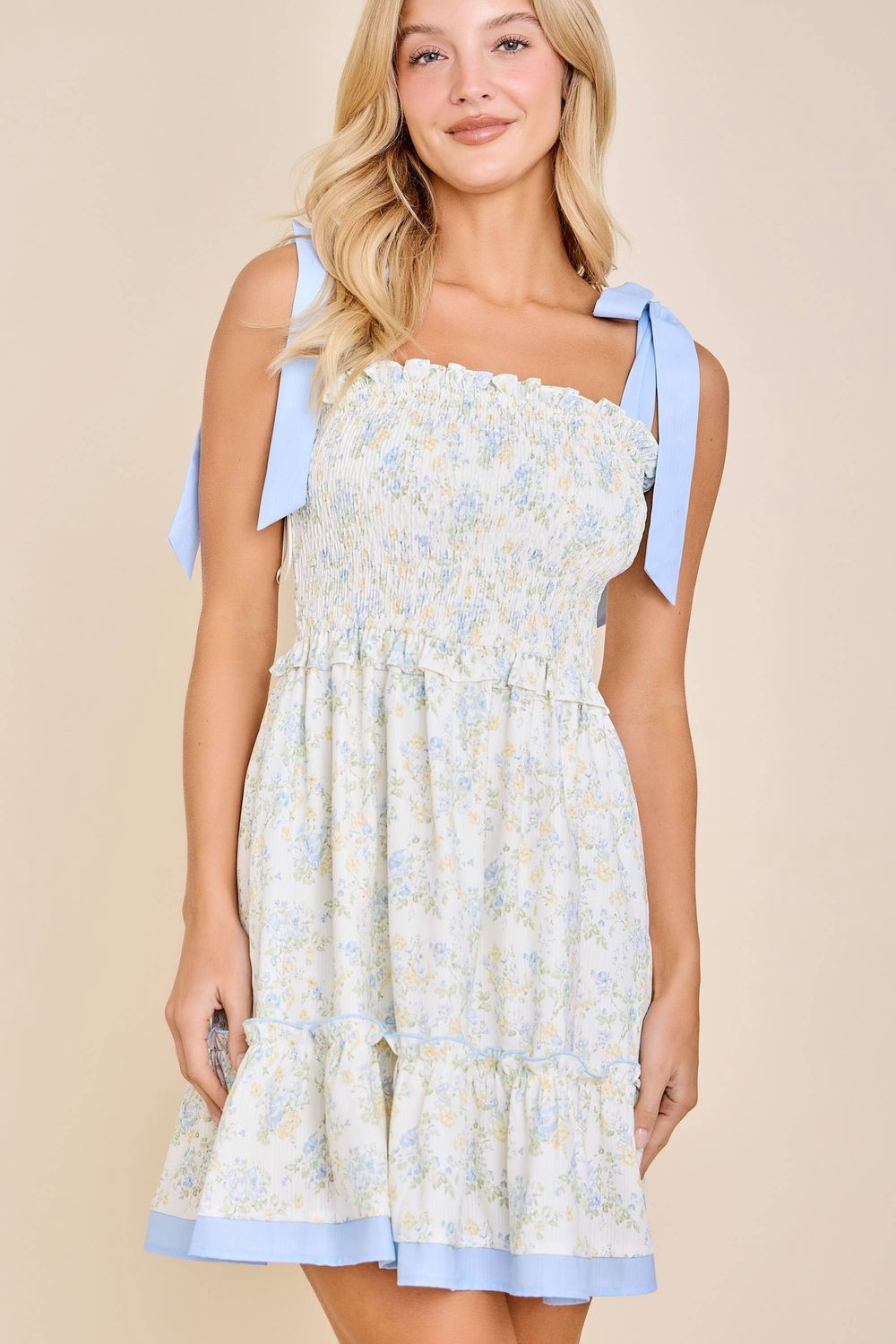 Floral Ribbon Strap Sundress – Ruffle Hem Vintage Charm, Color: BLUE, Size: M