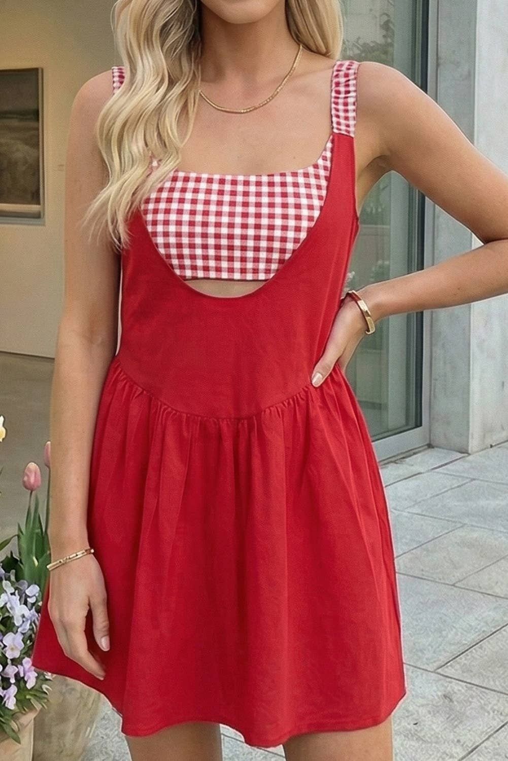Two Piece Gingham Contrast Patchwork Loose Mini Dress (S-XL)