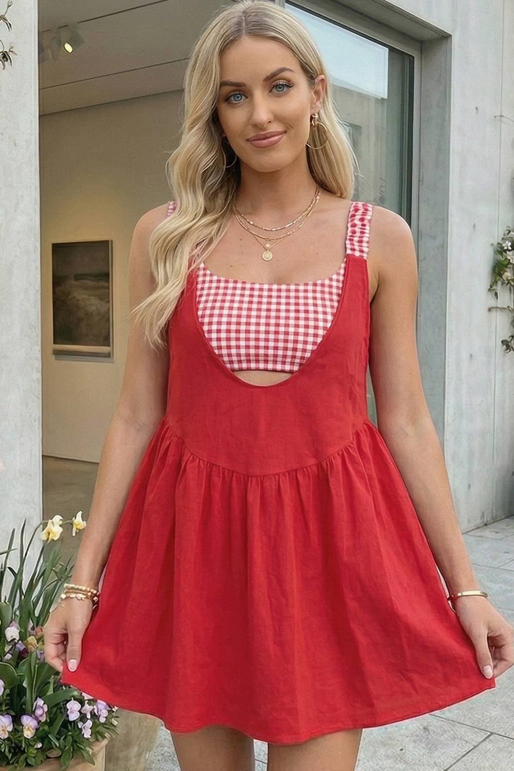 Two Piece Gingham Contrast Patchwork Loose Mini Dress (S-XL)