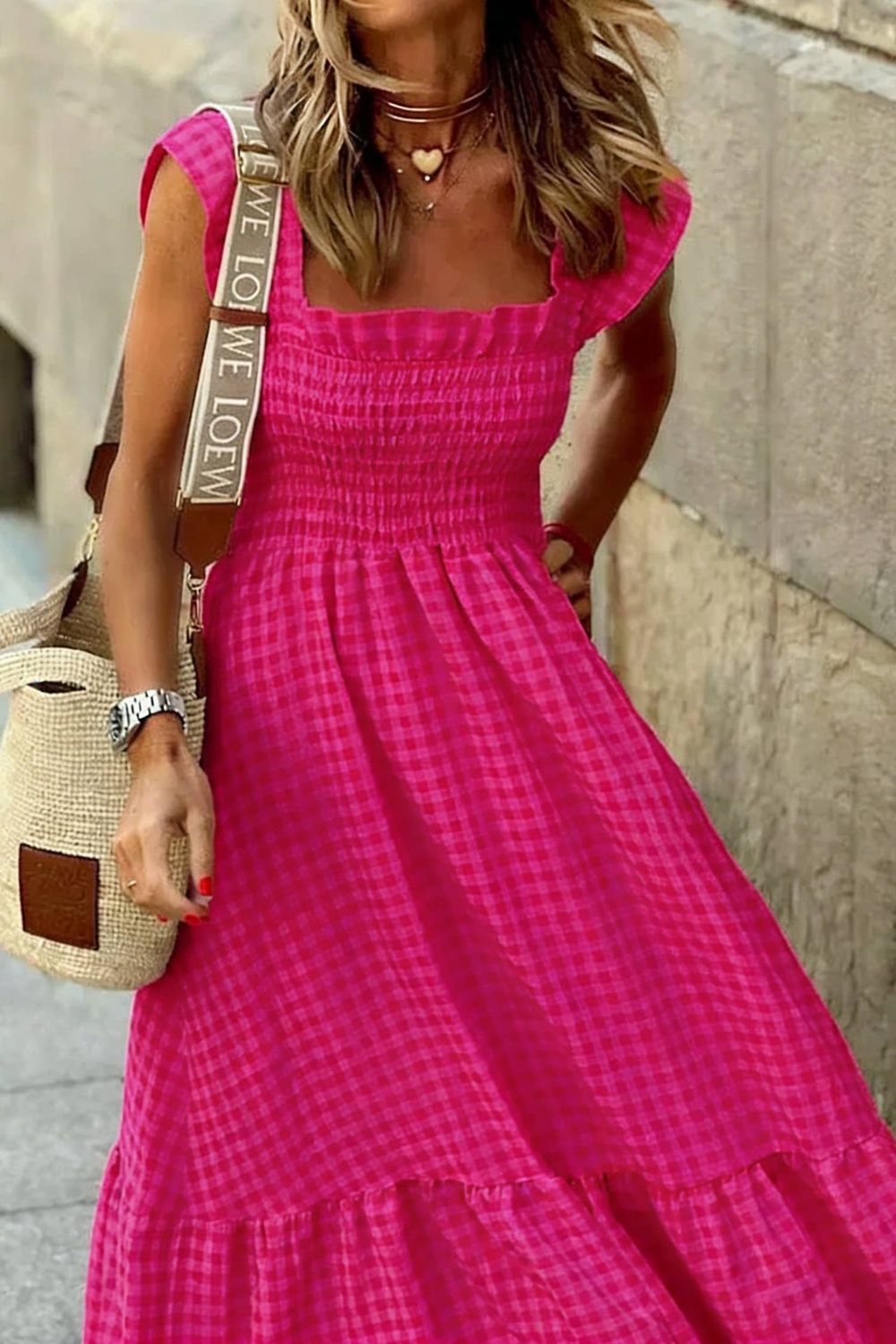 Plaid Square Neck Fit-and-flared Vacation Sundress