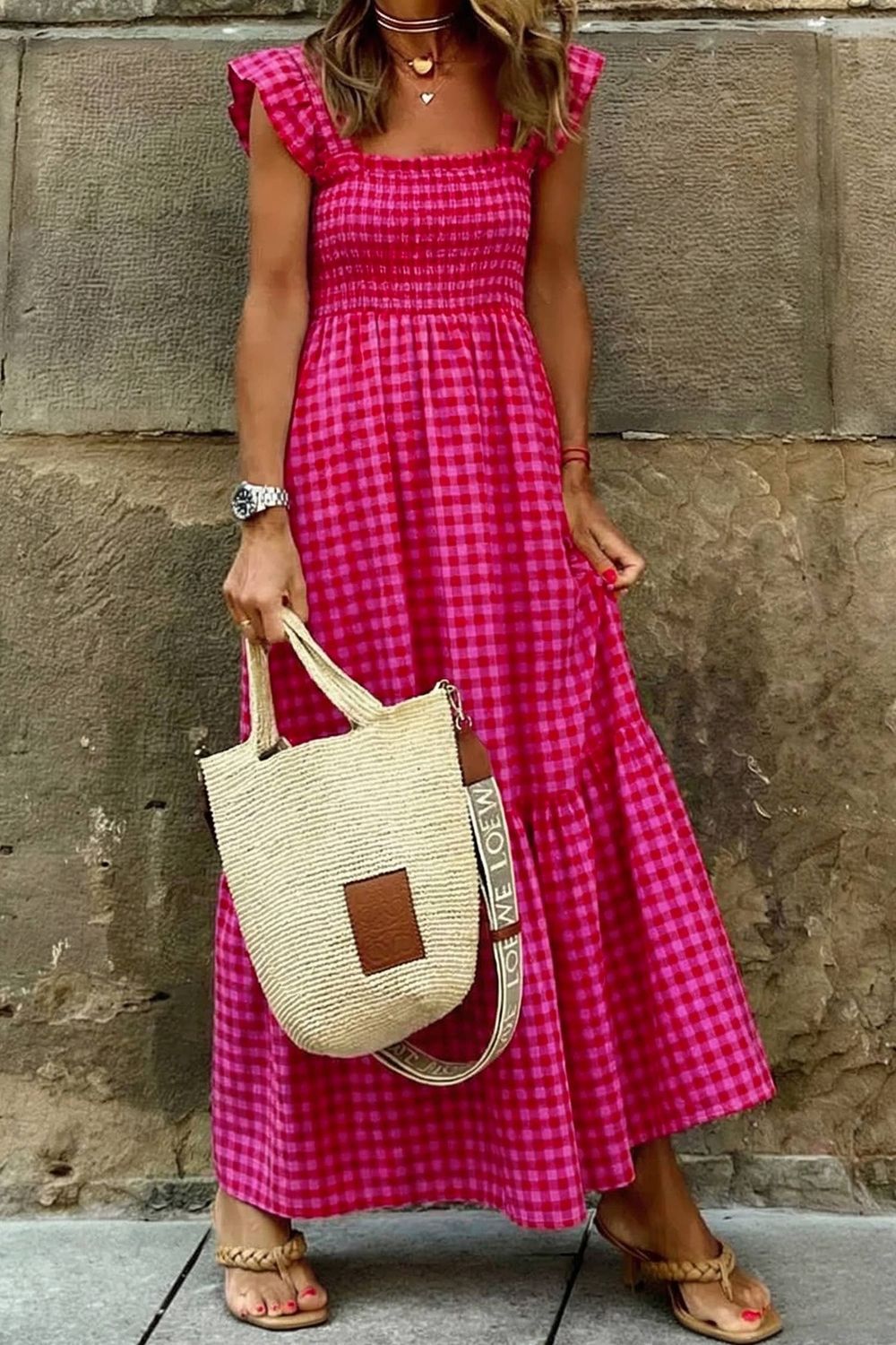 Plaid Square Neck Fit-and-flared Vacation Sundress, Size: S