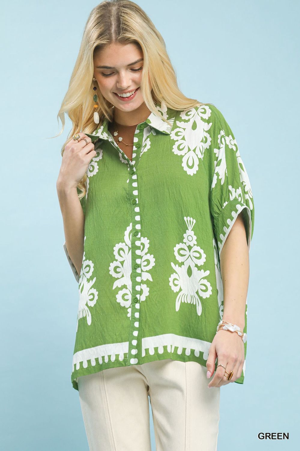 abstract print linen blend top