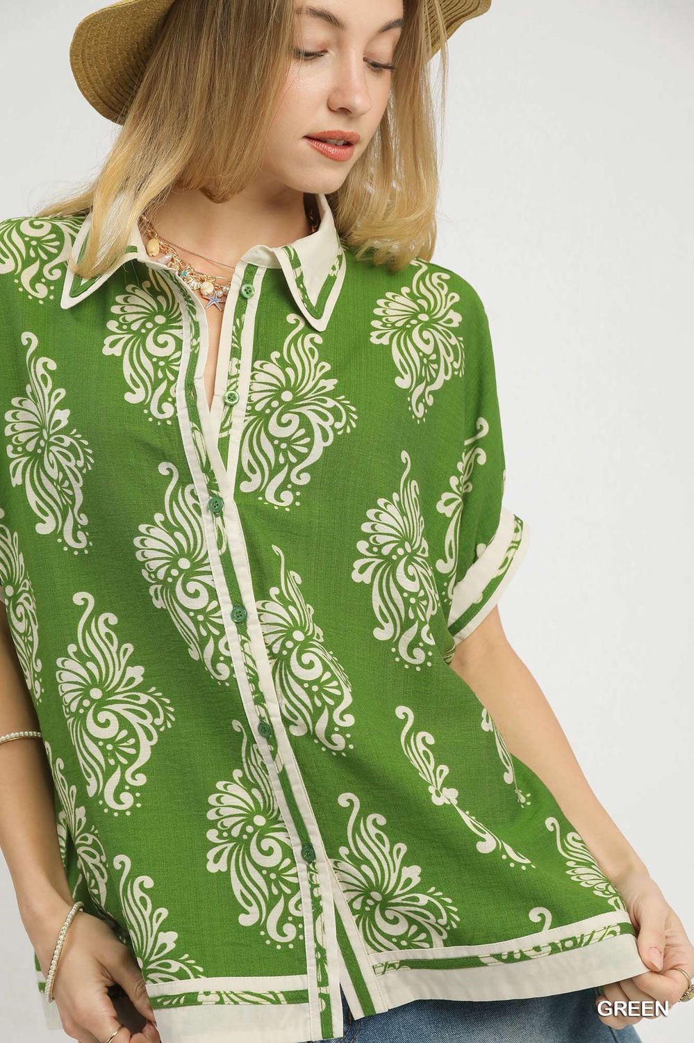 abstract print linen blend top