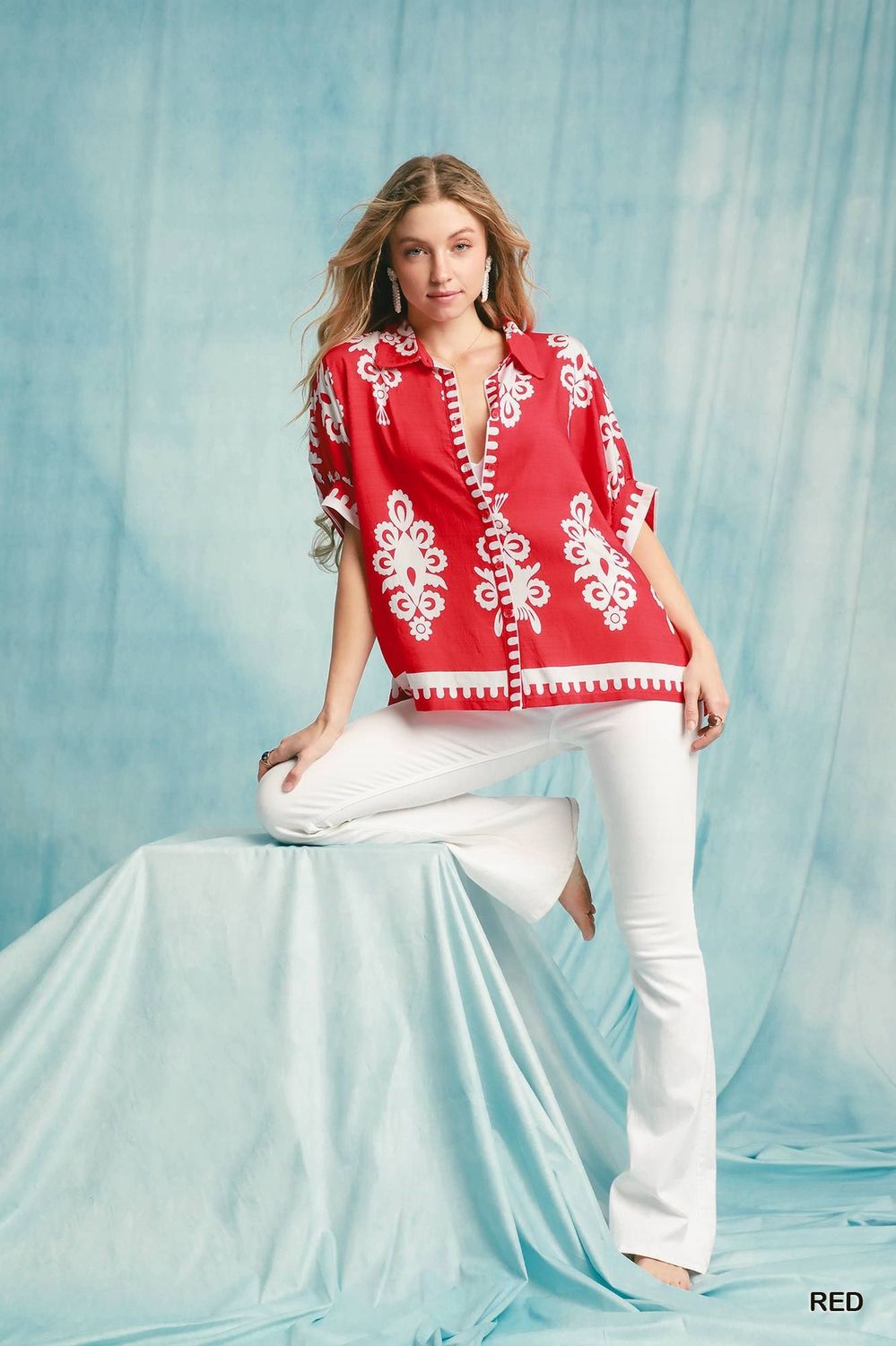 abstract print linen blend top