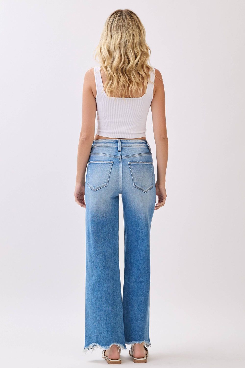 P1553W-MD HIGH RISE STRETCH  WIDE LEG W/ DESTROYED HEM JEANS