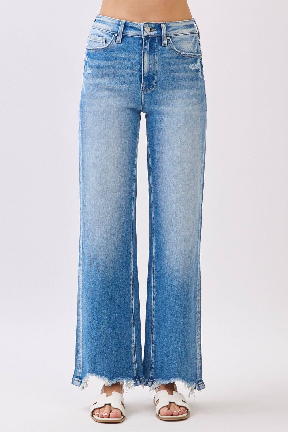 P1553W-MD HIGH RISE STRETCH  WIDE LEG W/ DESTROYED HEM JEANS
