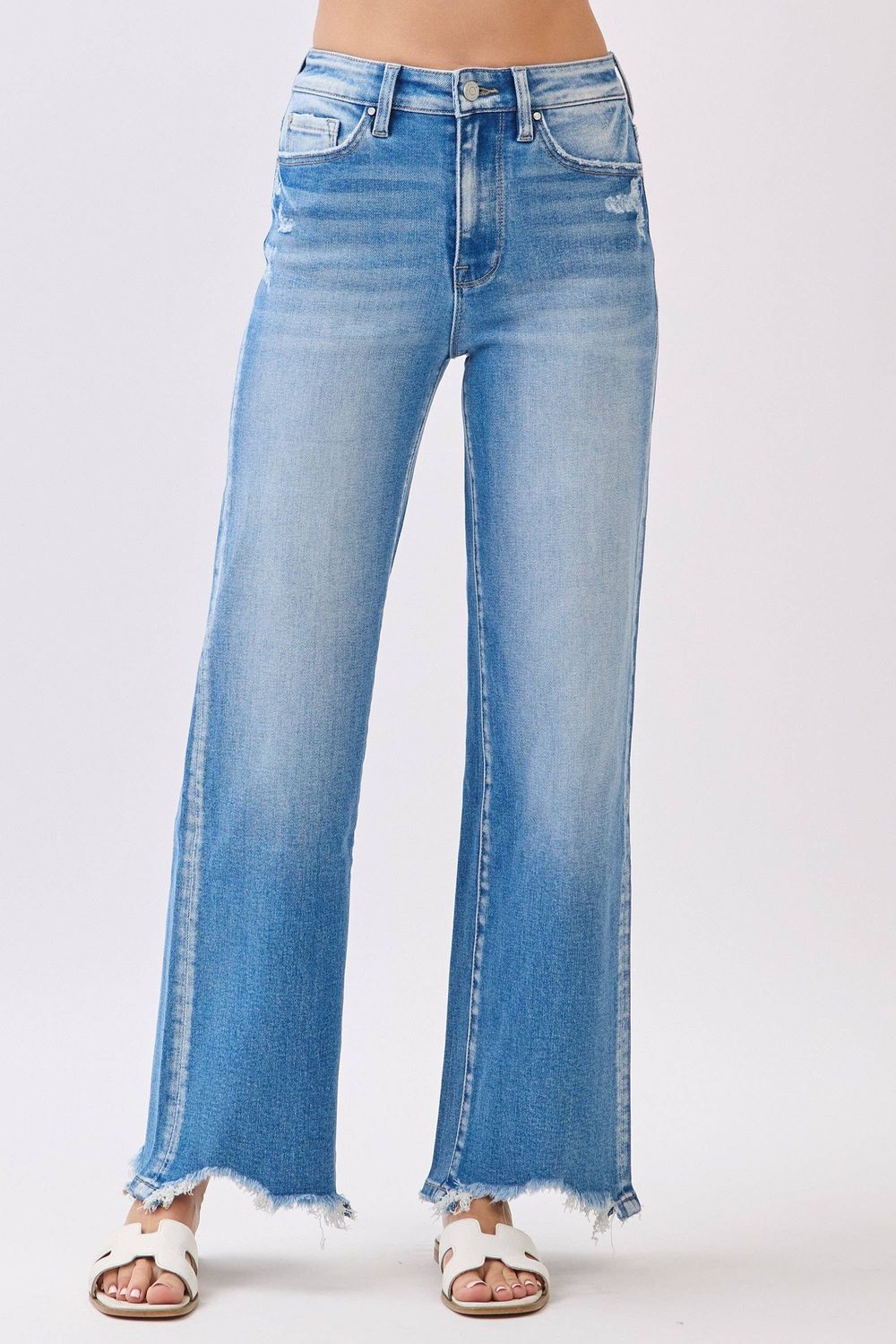 P1553W-MD HIGH RISE STRETCH  WIDE LEG W/ DESTROYED HEM JEANS
