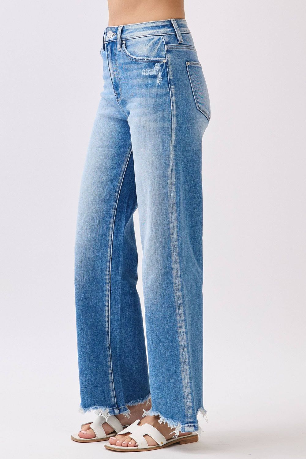 P1553W-MD HIGH RISE STRETCH  WIDE LEG W/ DESTROYED HEM JEANS