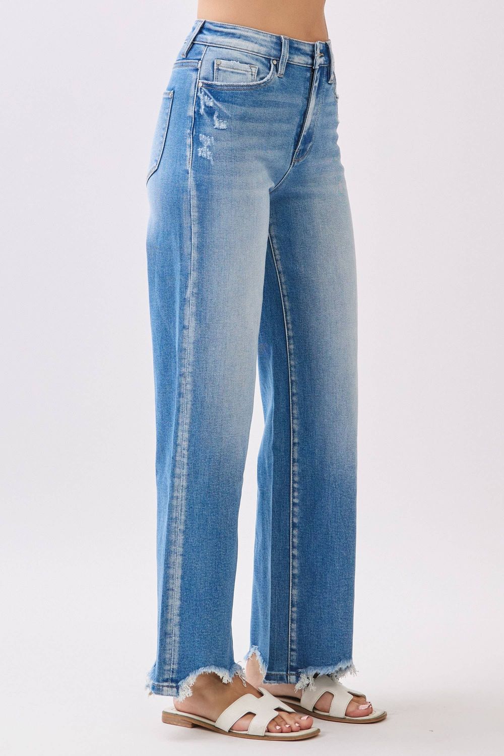 P1553W-MD HIGH RISE STRETCH  WIDE LEG W/ DESTROYED HEM JEANS