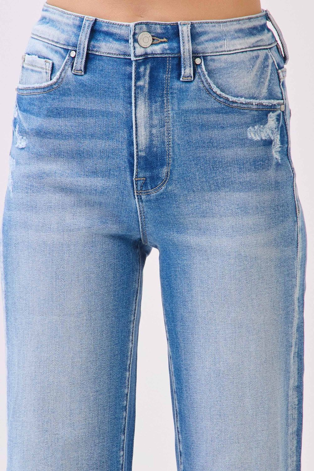 P1553W-MD HIGH RISE STRETCH  WIDE LEG W/ DESTROYED HEM JEANS