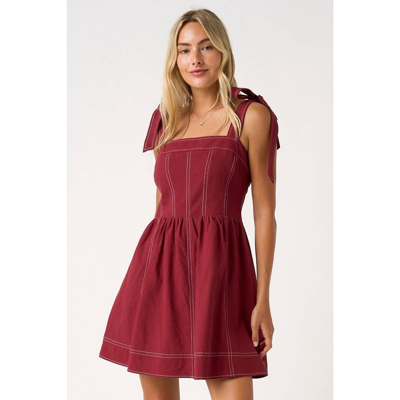 GAME DAY CONTRAST STITCH TIE SHOULDER MINI DRESS