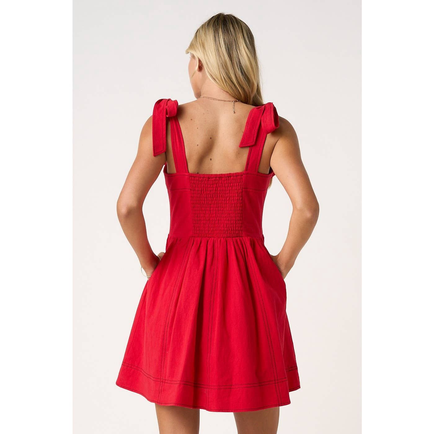 GAME DAY CONTRAST STITCH TIE SHOULDER MINI DRESS