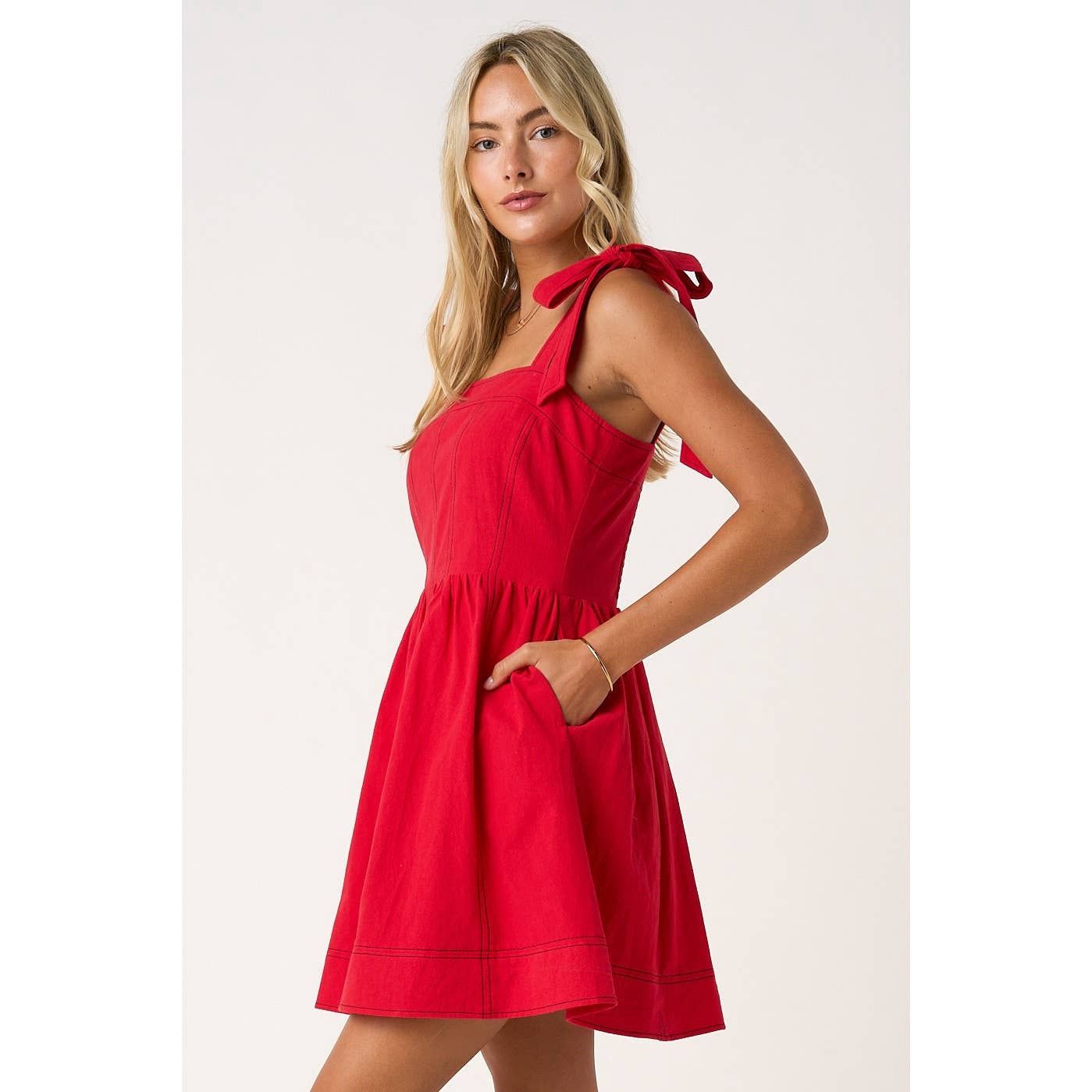 GAME DAY CONTRAST STITCH TIE SHOULDER MINI DRESS