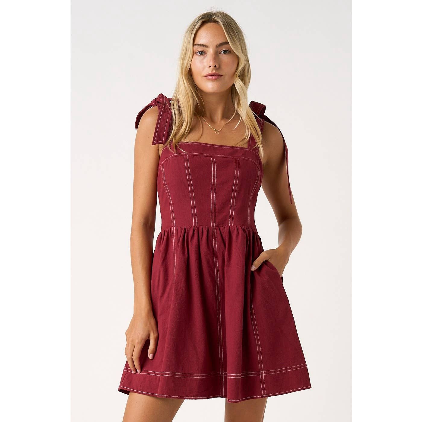 GAME DAY CONTRAST STITCH TIE SHOULDER MINI DRESS, Color: CRIMSON, Size: S