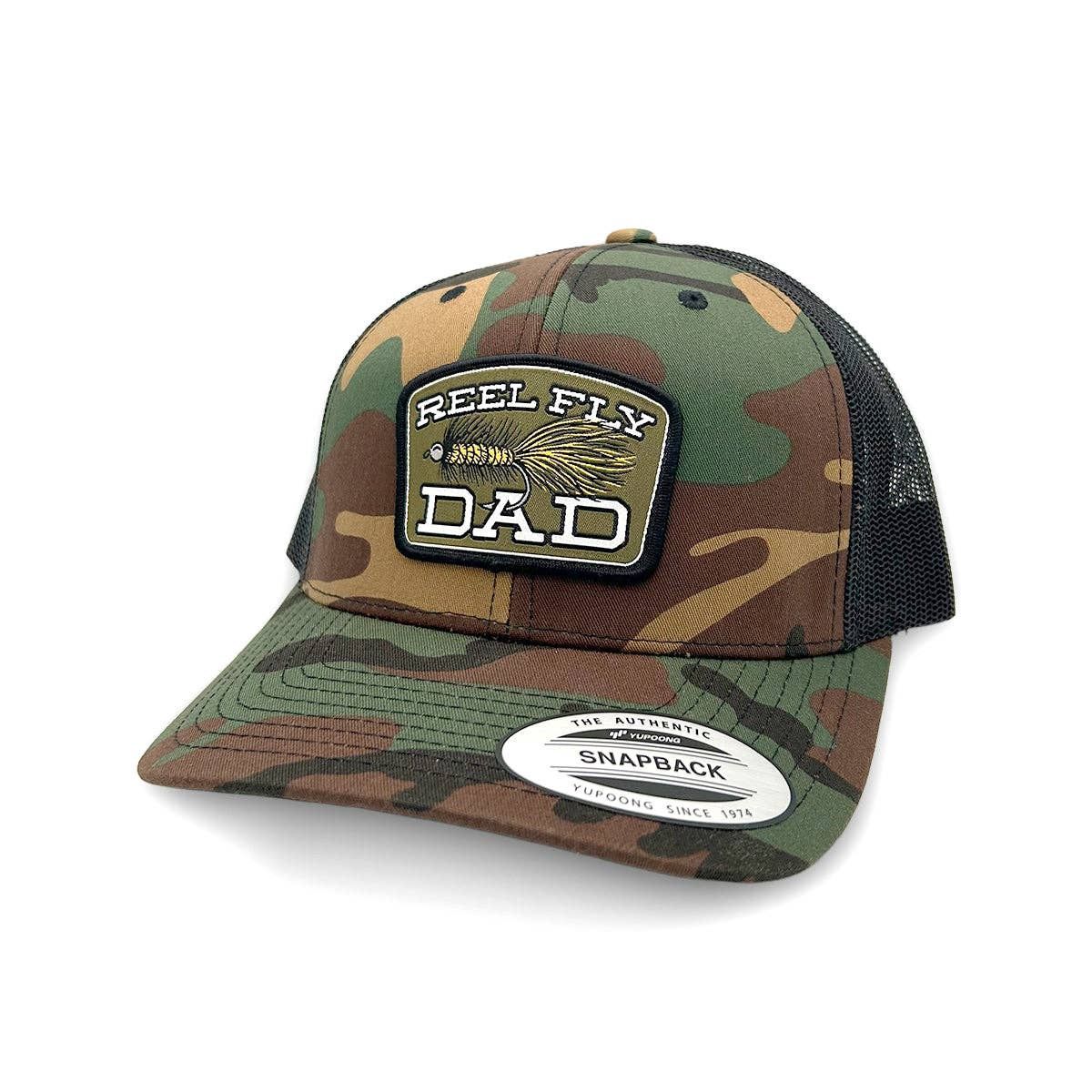 Reel Fly Dad (Woven Patch), Color: Green Camo / Black, Size: One Size, Style: Curved Bill Snapback