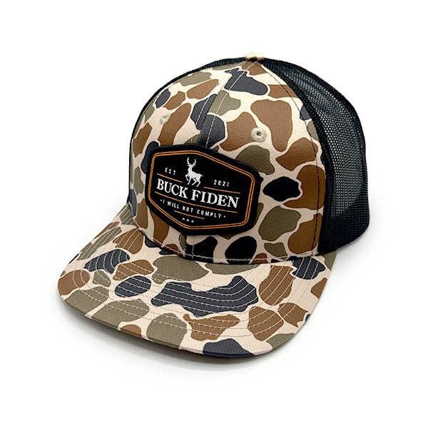 Buck Fiden Woven Patch Hat, Color: Duck Camo / Black, Style: Curved Bill Snapback