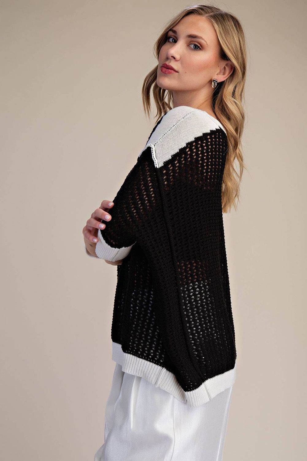 Summer Crochet Knit Keyhole Open-Stitch Sweater