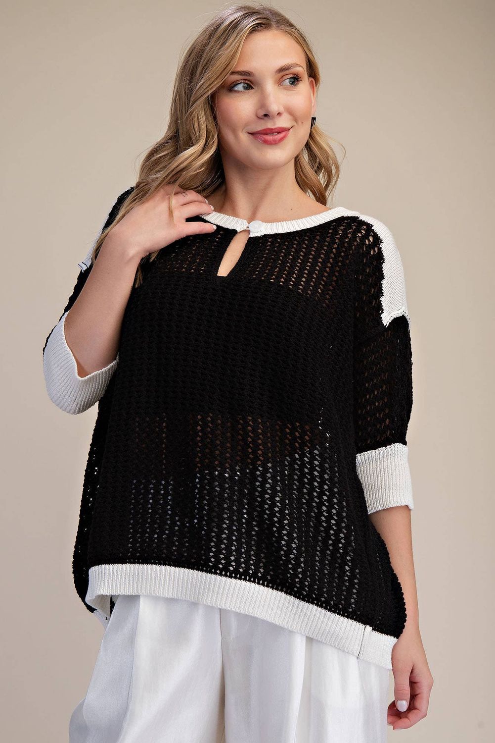 Summer Crochet Knit Keyhole Open-Stitch Sweater, Color: Black, Size: M