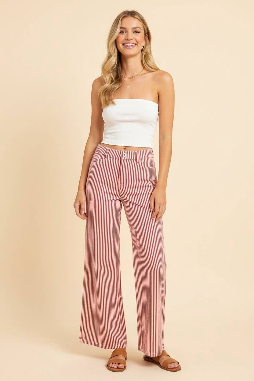 HP40087 High-Rise Wide-Leg Railroad Stripe Pants