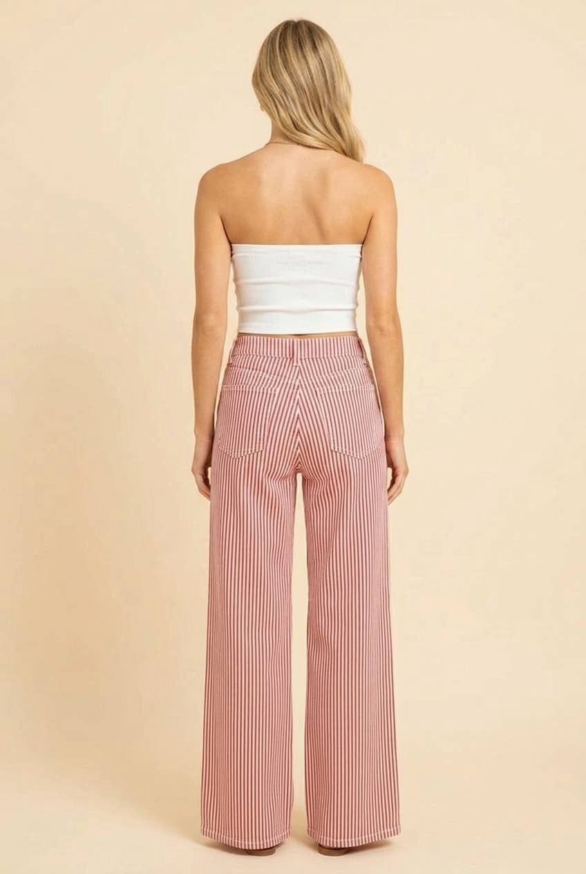 HP40087 High-Rise Wide-Leg Railroad Stripe Pants, Color: red, Size: s